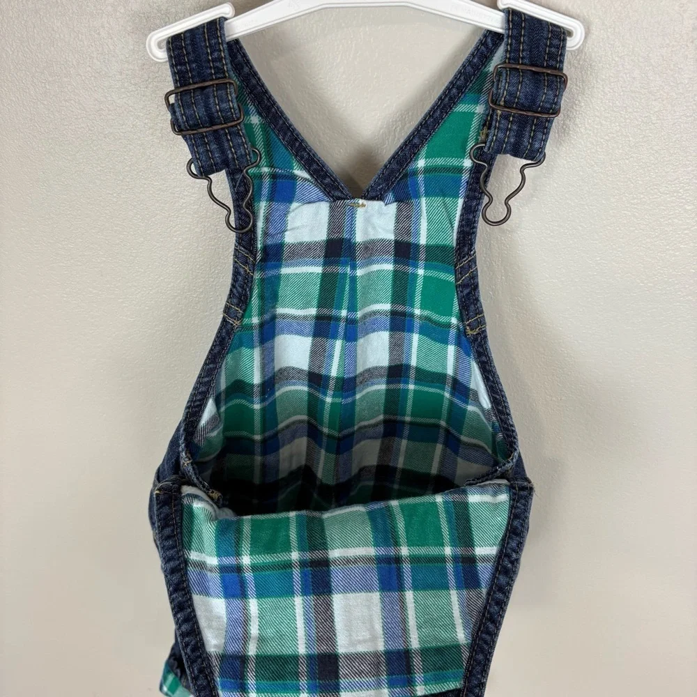 OshKosh B'Gosh Denim Bib Overalls‎ Vestbak Size 9 Mos. Plaid Flannel Lining Blue